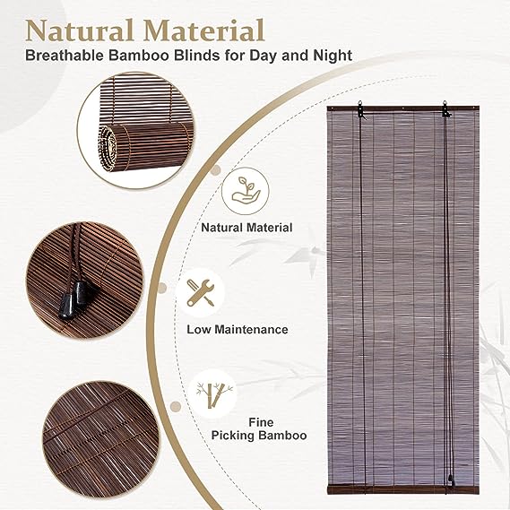 Bamboo Blinds, Bamboo Roll Up Shades for Windows, Light Filtering Bamboo Roller Shades for Indoor Outdoor Home Patio Porch 72" W X 72" L