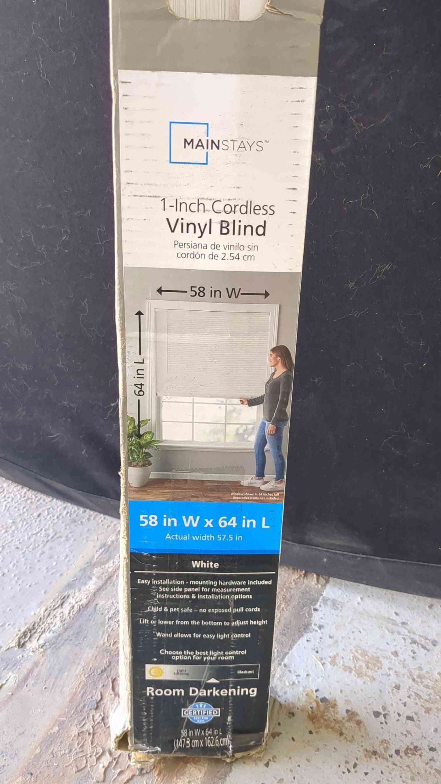 Vinyl Blinds, Cordless, 1", White, 58" Width x 64" Length