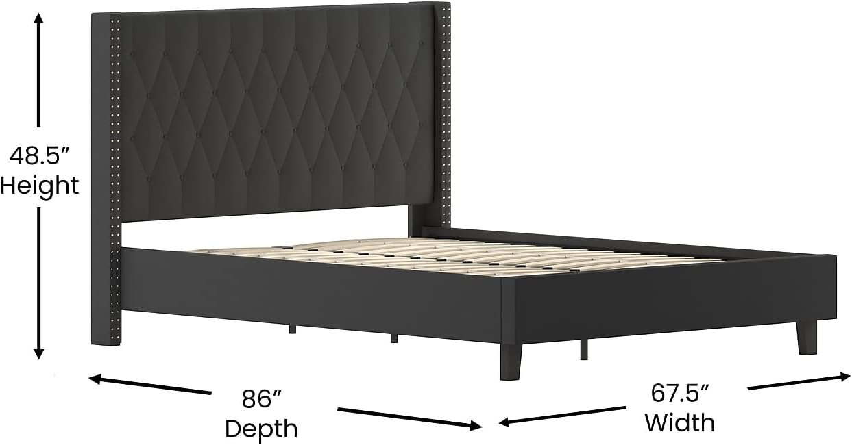 Queen Tufted Upholstered Platform Bed in Black Fabric, with Gold Studs