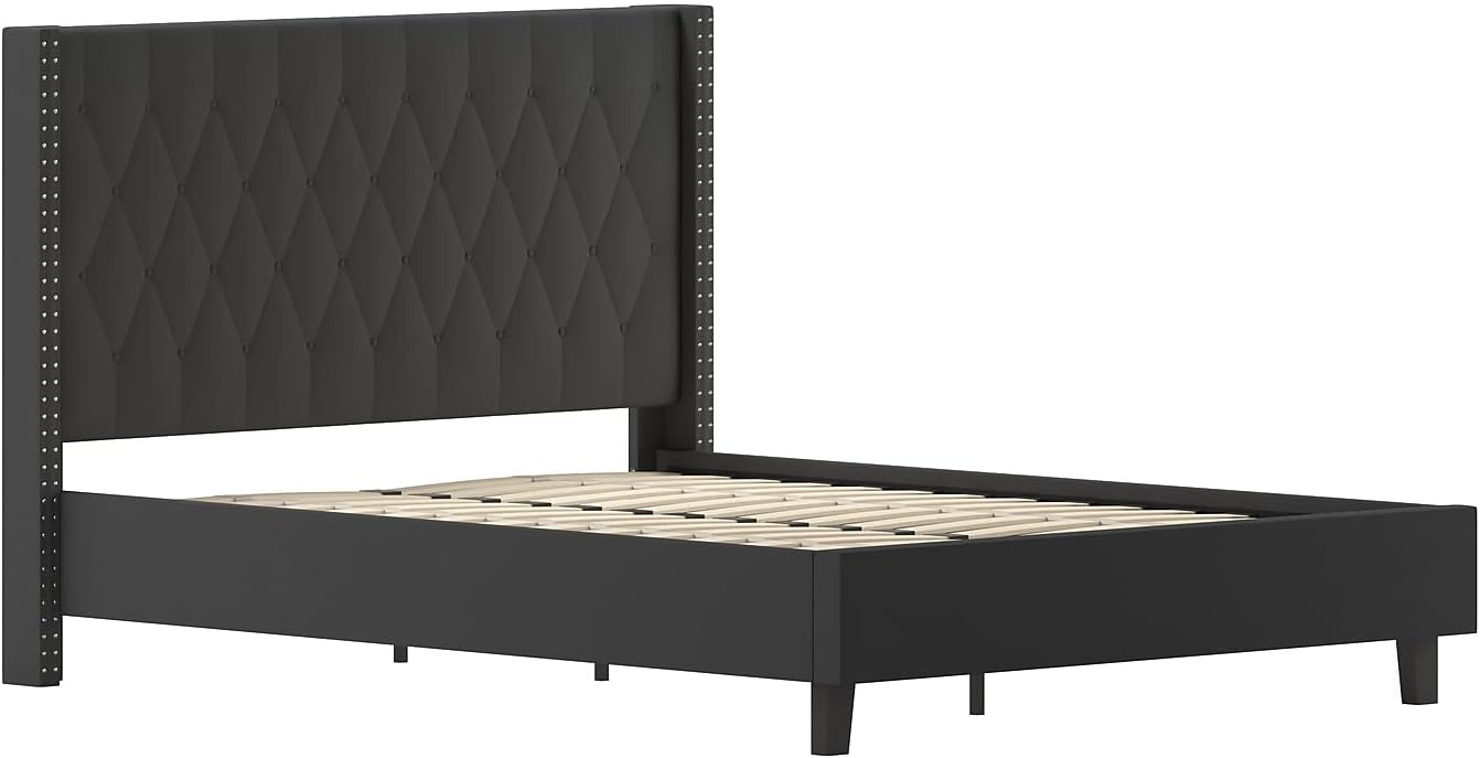 Queen Tufted Upholstered Platform Bed in Black Fabric, with Gold Studs