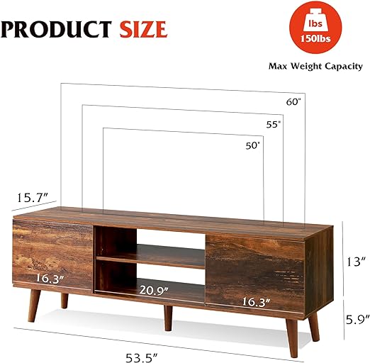 TV Stand for 55 60 inch TV, Mid Century Modern TV Console, Entertainment Center with Storage for Living Room, Retro Brown