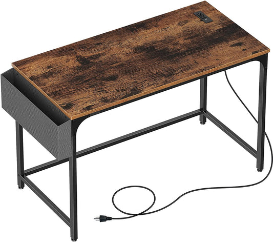 Rolanstar Computer Desk with Power Outlet, Home Office PC Desk with USB Ports Charging Station, 47" Desktop Table with Side Storage Bag and Iron Hooks, Stable Metal Frame Workstation, Rustic Brown