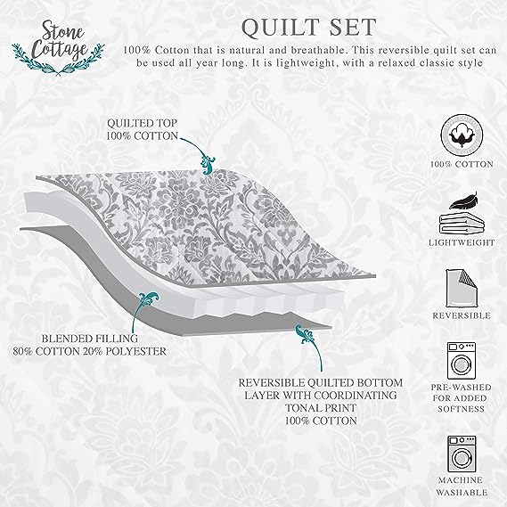 Stone Cottage- Queen Quilt Set, Cotton Reversible Bedding Set, All Season Casual Home Décor (Doires Damask Grey, Queen)