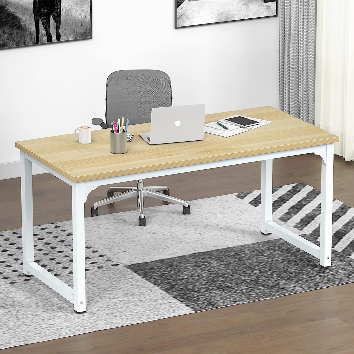 63" Computer Home Office Desk, Oak+White