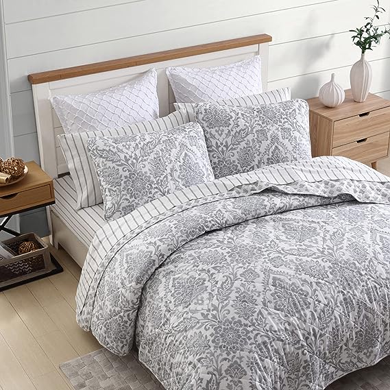 Stone Cottage- Queen Quilt Set, Cotton Reversible Bedding Set, All Season Casual Home Décor (Doires Damask Grey, Queen)