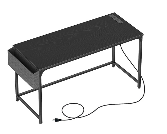 Computer Desk with Power Outlet, 55” Home Office PC Desk with USB Ports Charging Station, Black