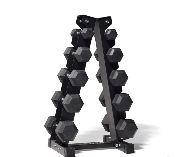 Centr 12-sided 210 lb. Rubber Dumbbell Set with Rack