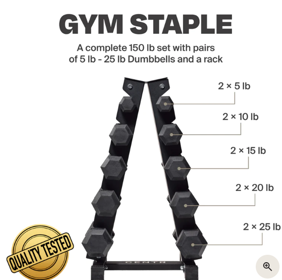 Centr 12-sided 210 lb. Rubber Dumbbell Set with Rack