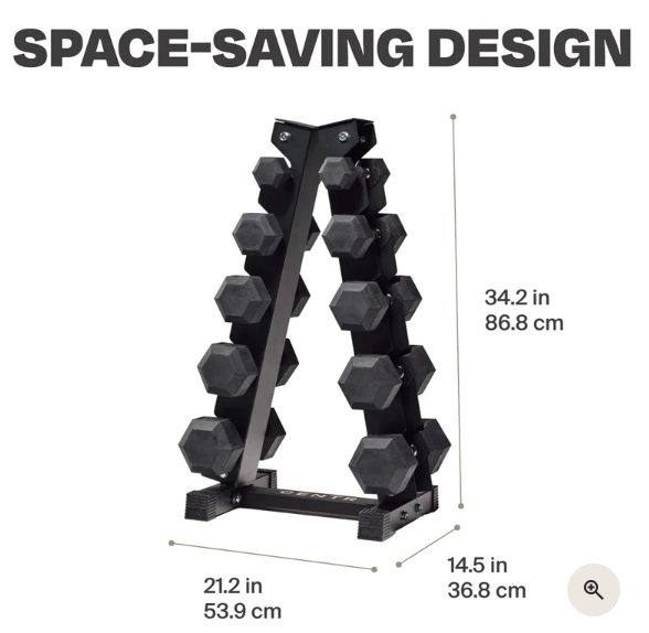 Centr 12-sided 210 lb. Rubber Dumbbell Set with Rack