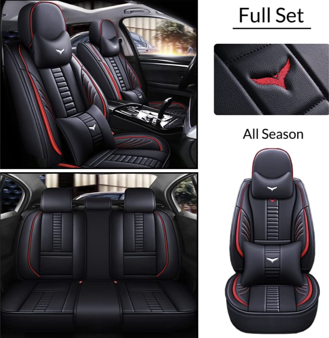 Pengchen Full Set of Universal Fit Automotive Seat Covers fit for Ford Escape 2013-2023, Faux Leather Automobile Interior Sets with Headrest & Back Pillow Black & Red Line